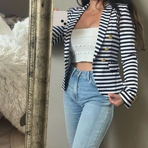 H&M striped blazer nautical blue white blazer jacket cotton